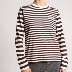 Ganni Top Tee Crew Long Sleeve Striped Casual Chic Preppy Brown White Large